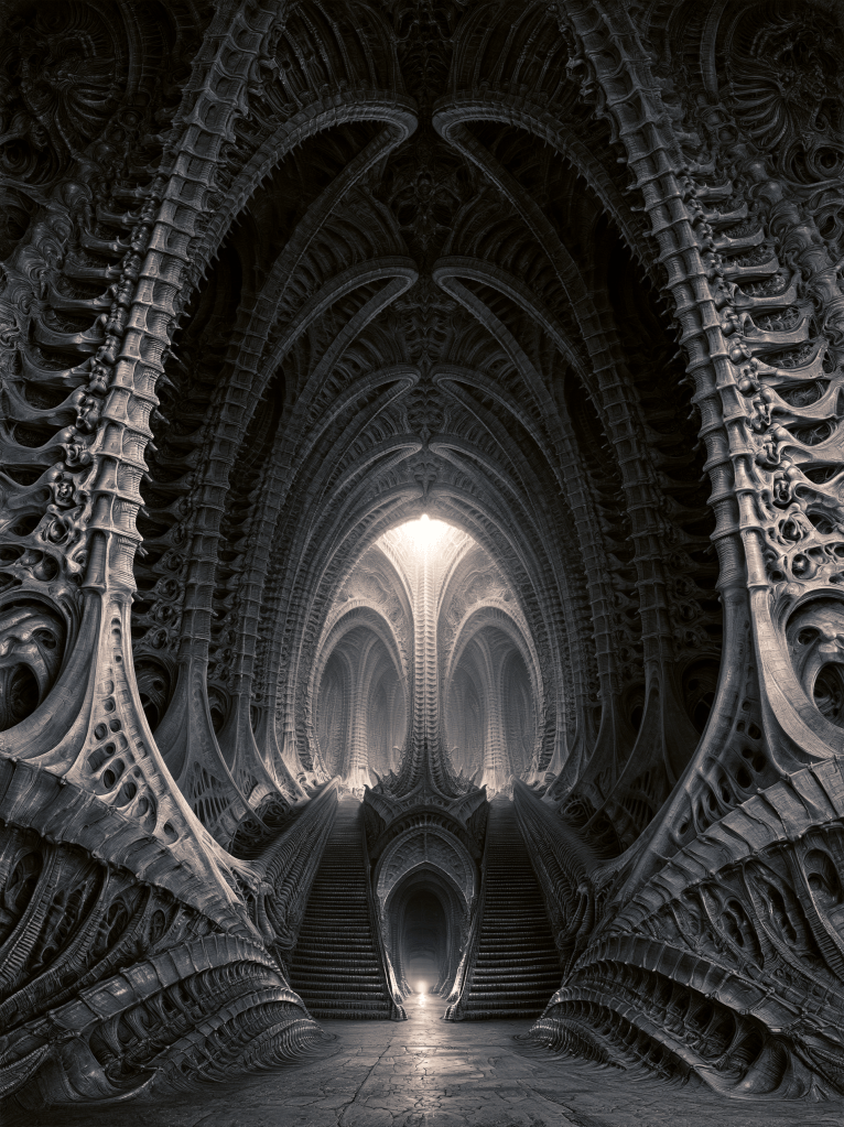 A dark, intricate architectural space featuring skeletal structures and large staircases leading to a bright light source in the background.