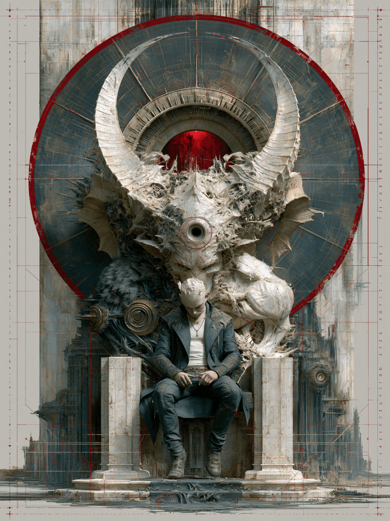 A humanoid figure with a white head seated on a throne, surrounded by an intricate sculpture featuring horns and a mechanical-like design, against a backdrop of circular patterns and textures.