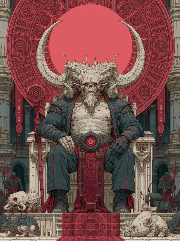 A fantastical being with large horns and a muscular build sits on an ornate throne in a grand architectural setting. The character is surrounded by mythical creatures and figures, with a large red circle in the background enhancing the dramatic atmosphere.