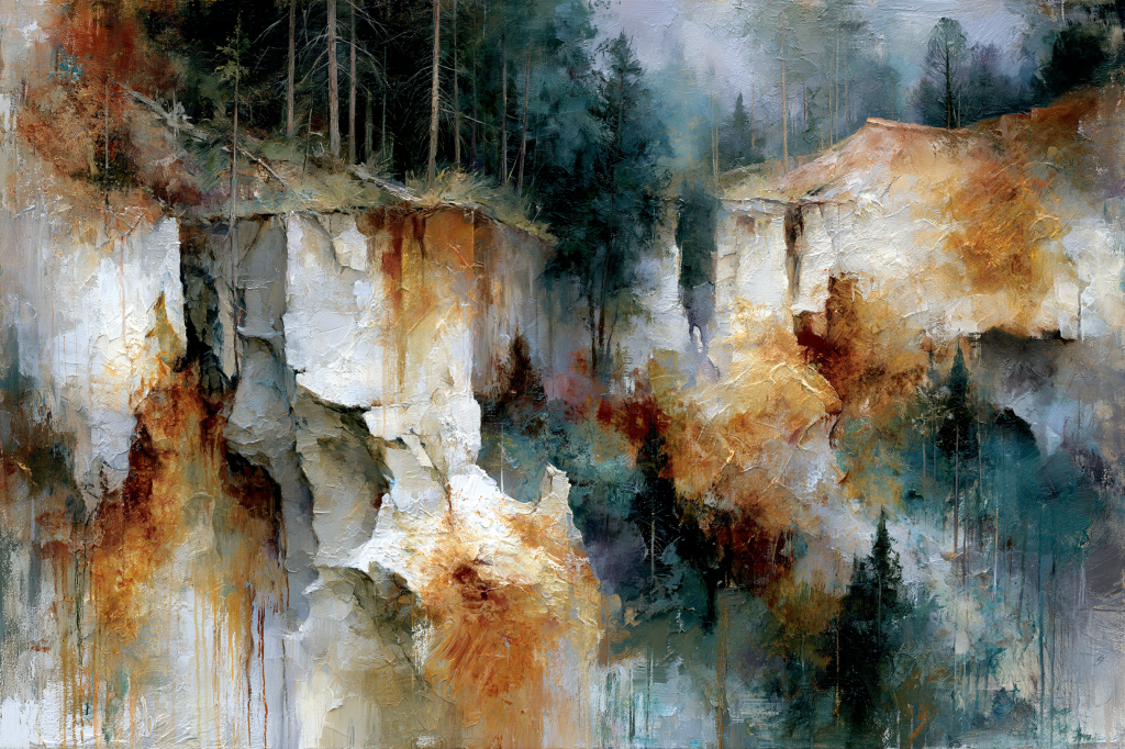 An abstract painting depicting a mountainous landscape with cliffs, rocky formations, and dense forests. The color palette includes earthy tones, greens, and hints of orange, creating a moody and textured effect.