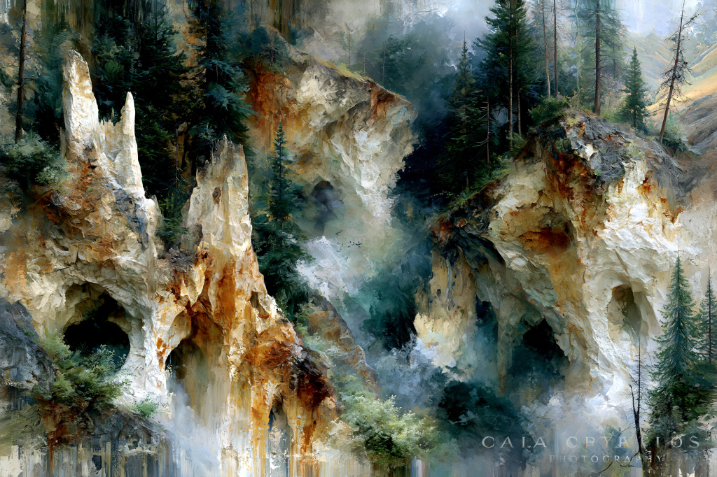 A breathtaking landscape featuring rugged cliffs and misty forested areas, with towering rock formations and a serene atmosphere.