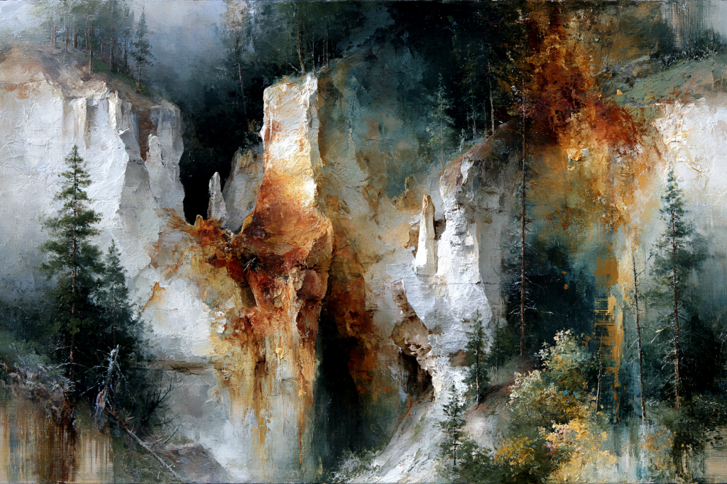 A landscape painting depicting towering white cliffs surrounded by dark green pine trees and patches of colorful foliage, with a misty atmosphere accentuating the natural beauty.