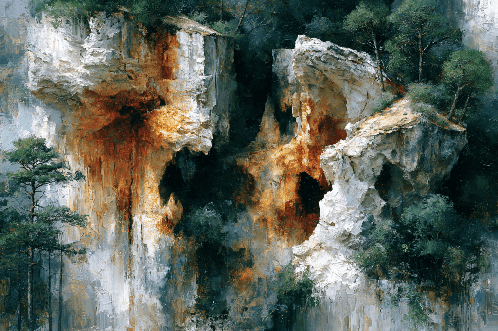 Abstract depiction of rocky cliffs with vivid orange and white textures, surrounded by green foliage and trees.