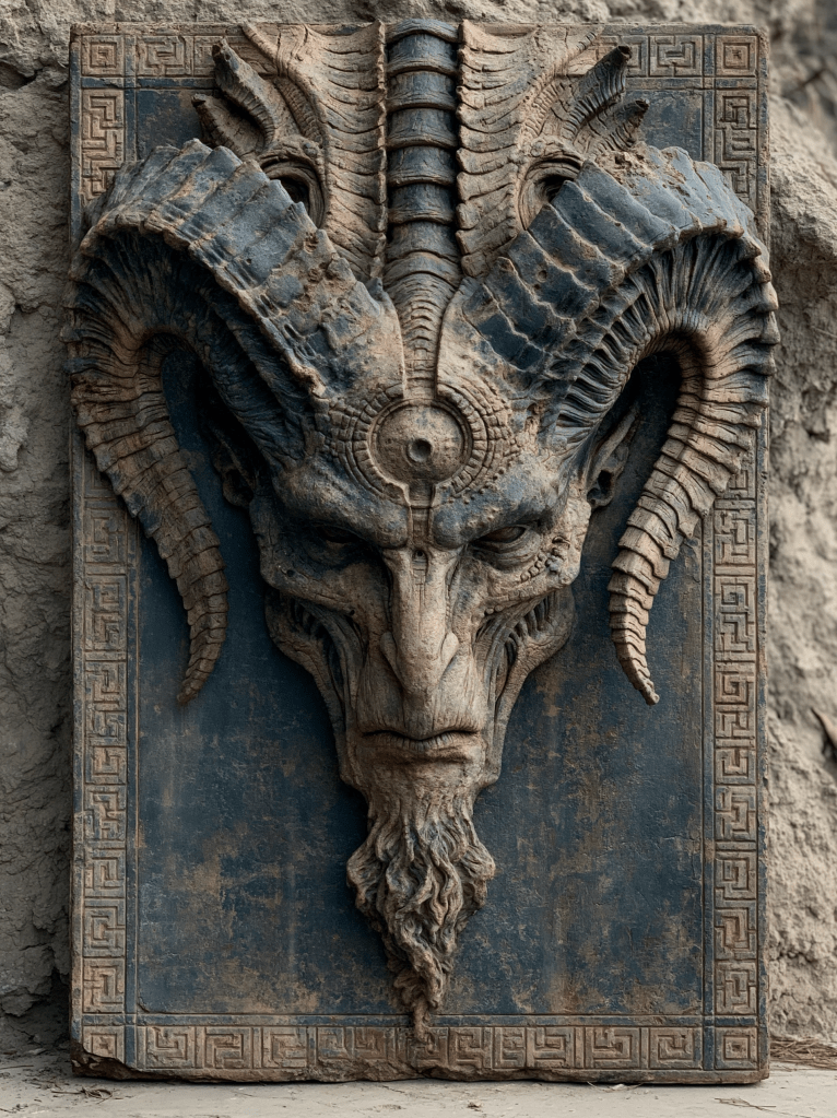 A detailed sculpture of a mythical creature's head, featuring large, curved horns and intricate facial features, set against a textured background.