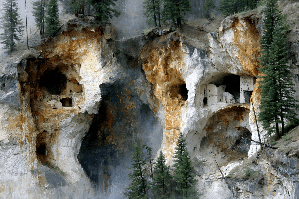 Ancient cliff dwellings nestled in rocky cliffs, surrounded by pine trees and misty atmosphere.