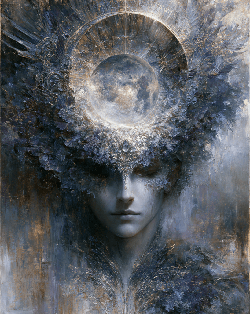 A surreal portrait of a figure with a serene expression, adorned with intricate floral and celestial designs, featuring a full moon at the top of their head against a textured, ethereal background.