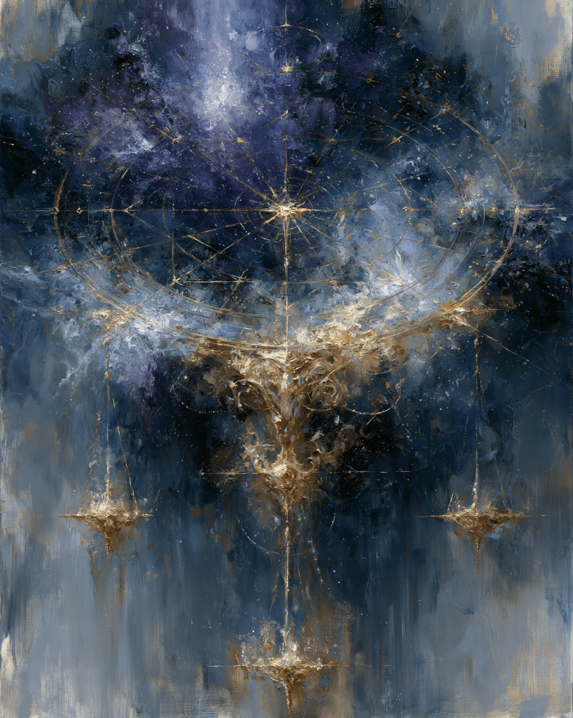 An abstract cosmic artwork featuring swirling blue and gold hues, with intricate geometric patterns and star-like elements scattered throughout.