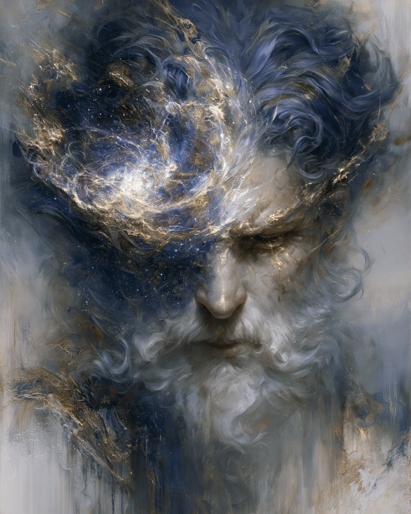 A surreal portrait of a bearded figure with a cosmic nebula swirling in place of their head, featuring deep blues and golds, evoking a sense of mystery and the universe.