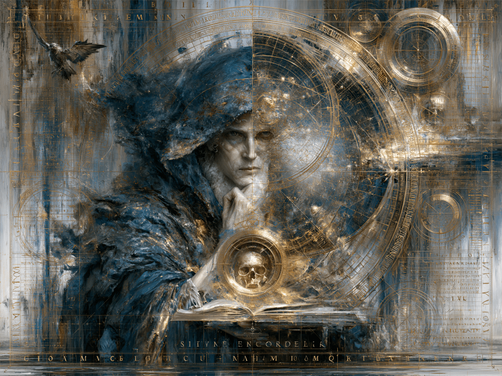 A mystical figure in a dark hooded cloak, partially obscured, with a celestial background featuring intricate golden symbols and patterns. A raven flies in the background, adding a sense of mystique.