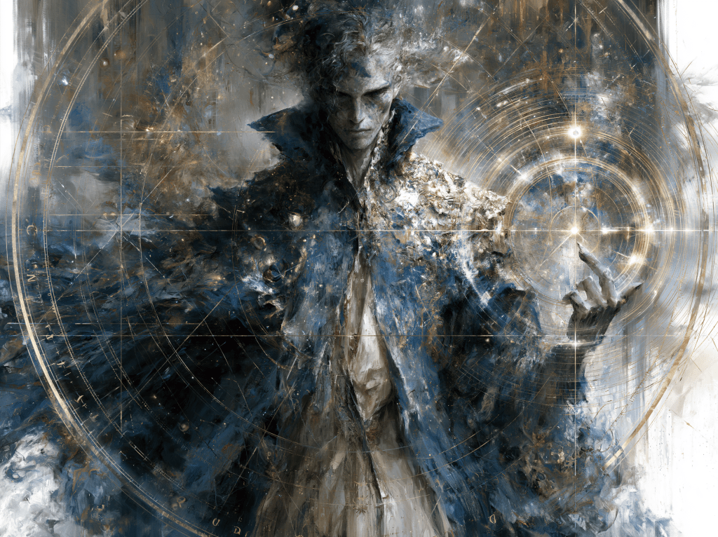 A mystical figure in a dramatic blue and gold cloak, surrounded by swirling cosmic elements and intricate circular patterns, holds a glowing orb in one hand.