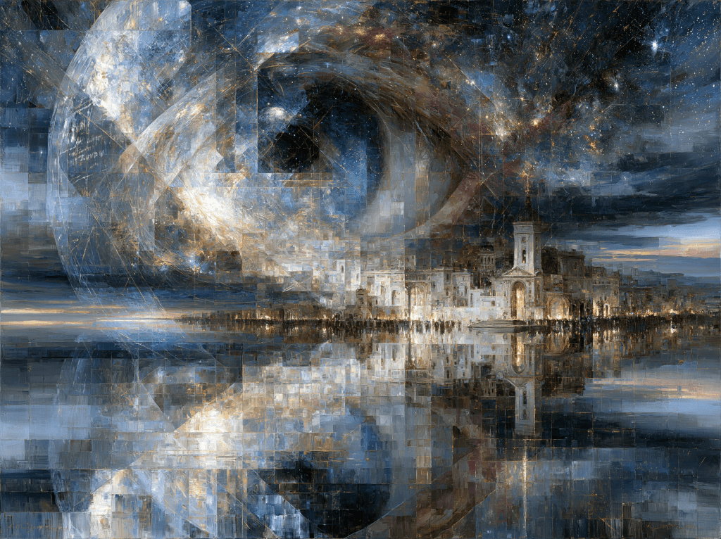 An abstract digital artwork depicting a surreal landscape with a reflective cityscape under a cosmic sky, featuring swirling patterns and starry textures.