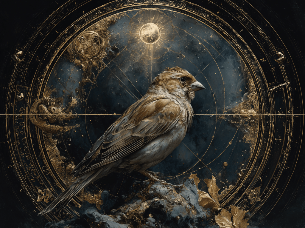 A detailed illustration of a bird perched on rocks, surrounded by an ornate celestial design featuring stars and planetary elements.