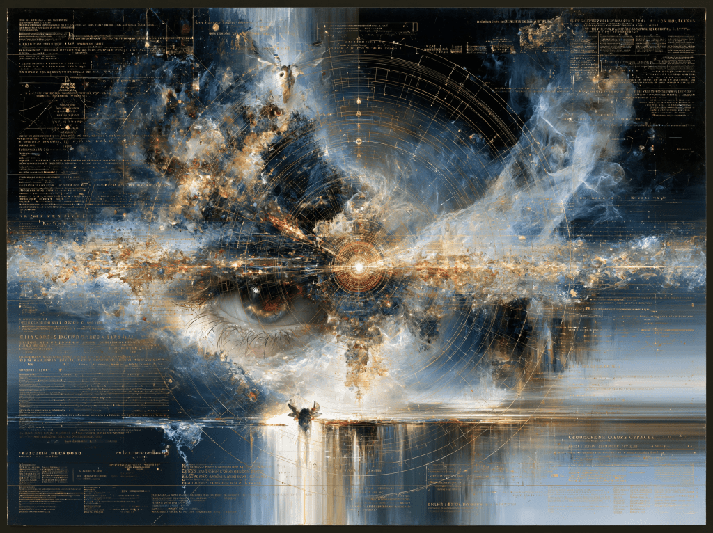 A visually striking digital artwork depicting a cosmic scene with swirling galaxies, stars, and an eye at the center, surrounded by mathematical and scientific diagrams.