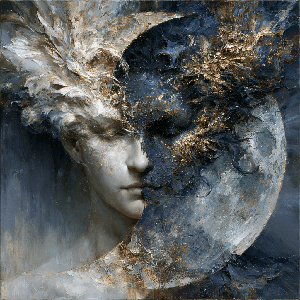 A surreal artwork depicting two faces merging into a crescent moon shape, one side light and ethereal with feather-like details, while the other side is dark and textured, evoking a mystical atmosphere.