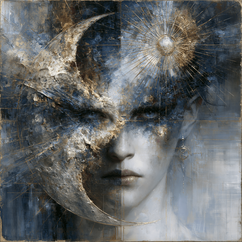 A surreal portrait of a woman's face partially merged with celestial elements, including a moon and sun, in shades of blue and gold.