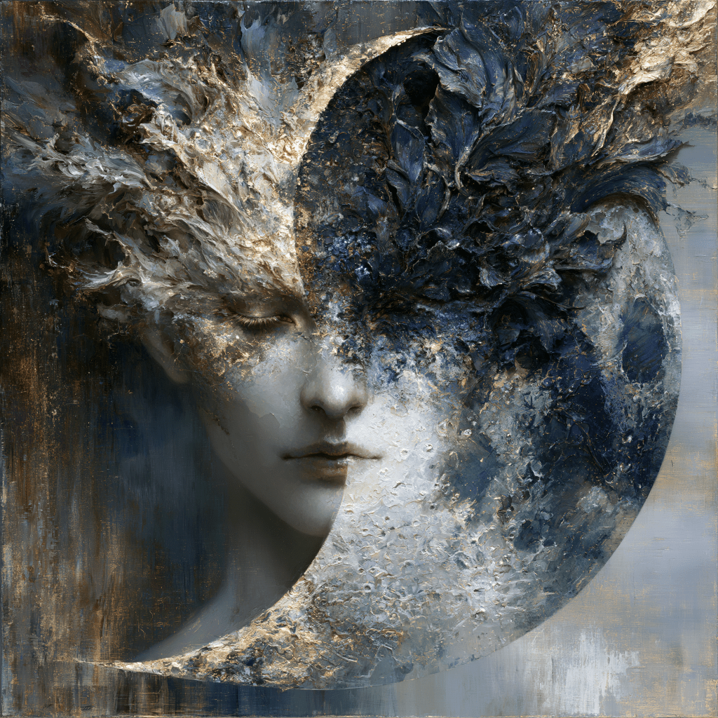 A surreal artwork featuring a woman's face blended with celestial elements, showcasing a crescent moon and textured, abstract floral details in shades of blue and gold.