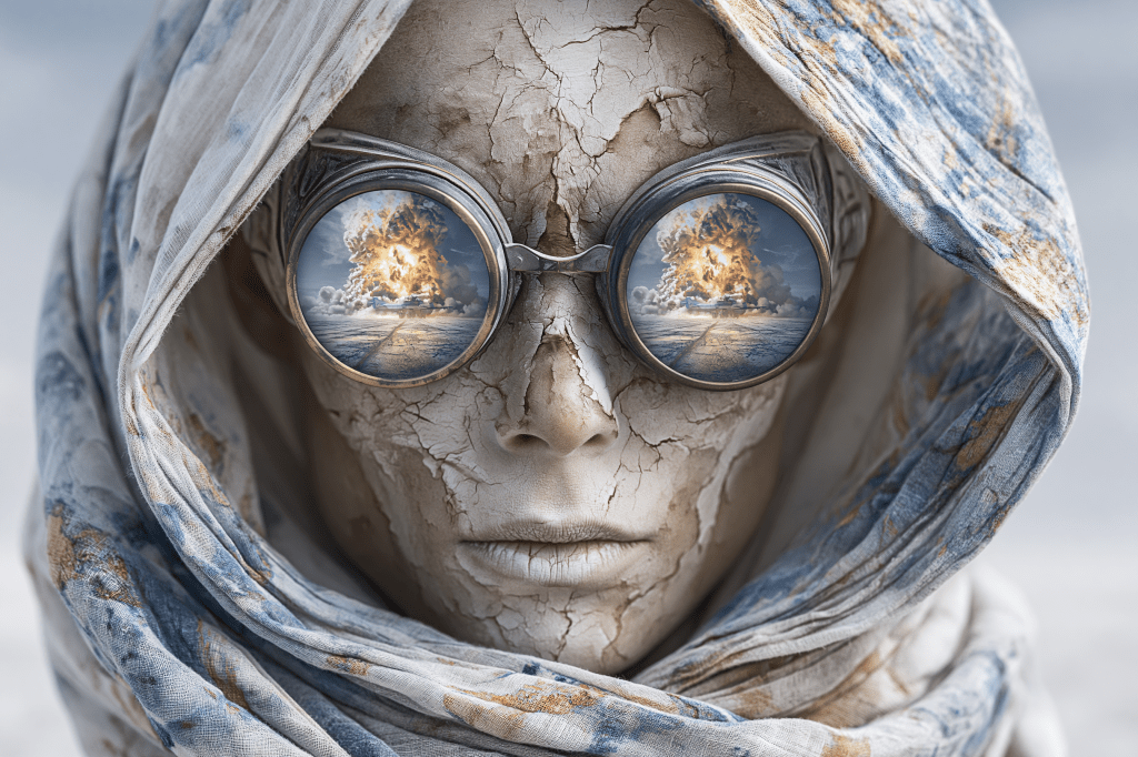A stylized figure with cracked skin wearing goggles, reflecting an explosion in the lenses, dressed in a textured scarf.
