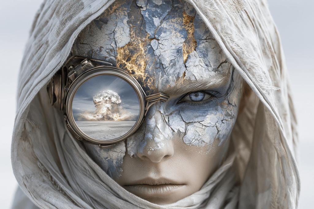 A close-up portrait of a figure with a cracked, painted face and a futuristic goggle featuring an explosion scene, dressed in a white hooded cloak.
