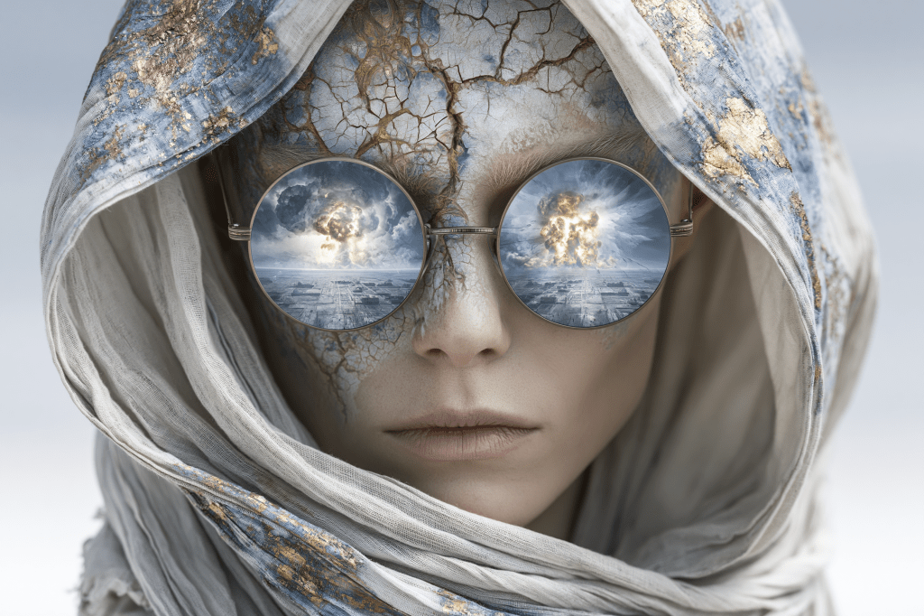A close-up portrait of a person with cracked, pale skin and unique makeup, wearing round sunglasses that reflect a dramatic cloud and explosion scene. The individual is draped in a textured hood. The overall aesthetic combines a surreal, artistic style with elements of both beauty and destruction.