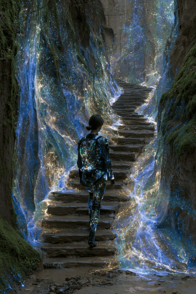 A figure dressed in a starry outfit walking up a staircase surrounded by glowing, swirling lights in a canyon-like setting.