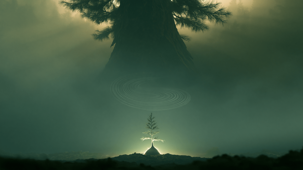 A small sapling illuminated in the foreground, surrounded by mist and shadowy trees, creating a mystical atmosphere.