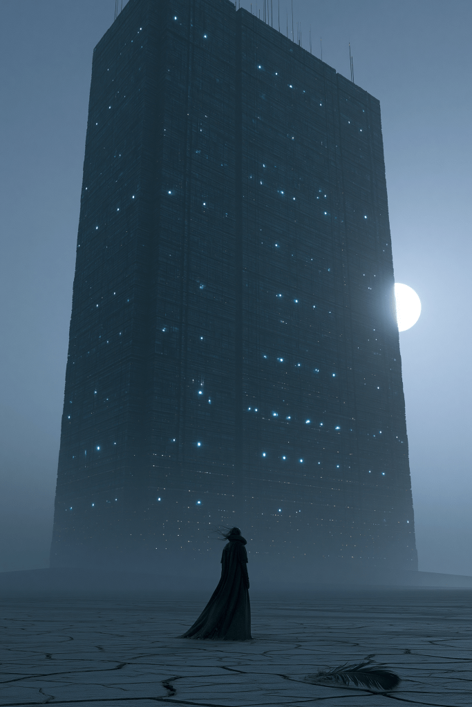 A solitary figure in a dark cloak stands in front of a large, illuminated tower in a foggy landscape, with a setting sun in the background.