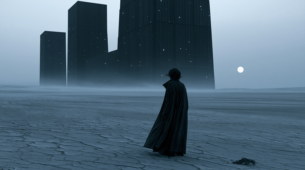 A figure in a long coat stands on a barren landscape, gazing at tall, dark structures in the distance under a dusky sky with a rising sun.