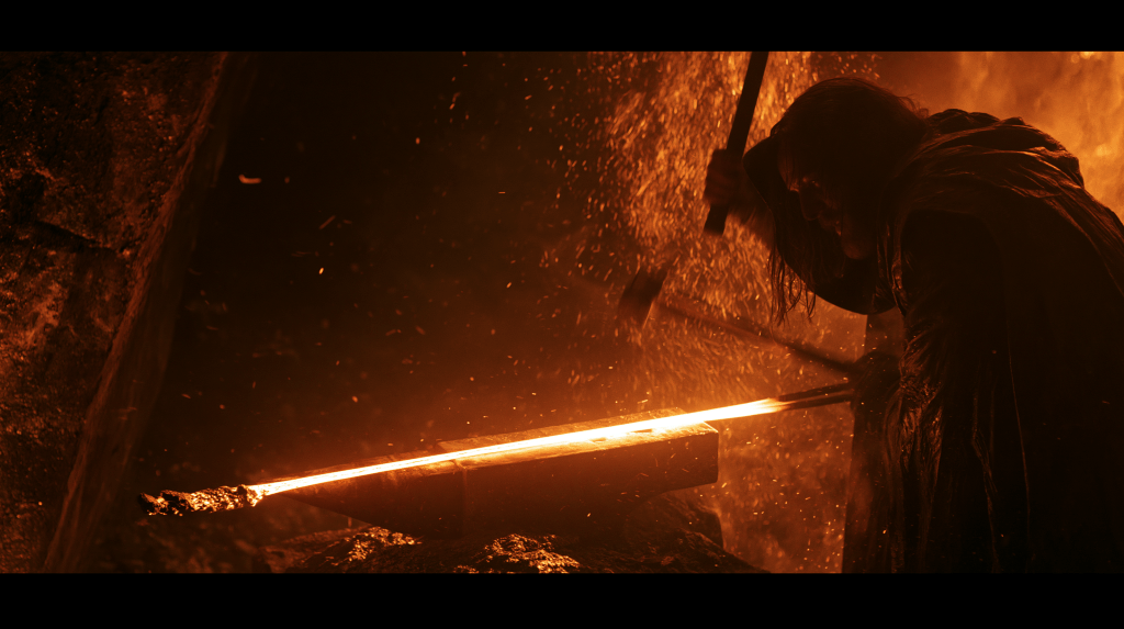 A blacksmith shaping a glowing sword on an anvil in a fiery workshop, surrounded by sparks and molten metal.